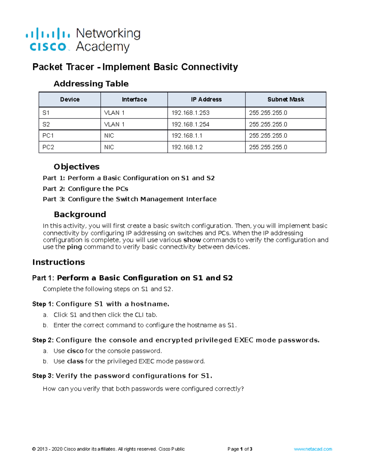 2.7.6 Packet Tracer - Implement Basic Connectivity - Packet Tracer ...