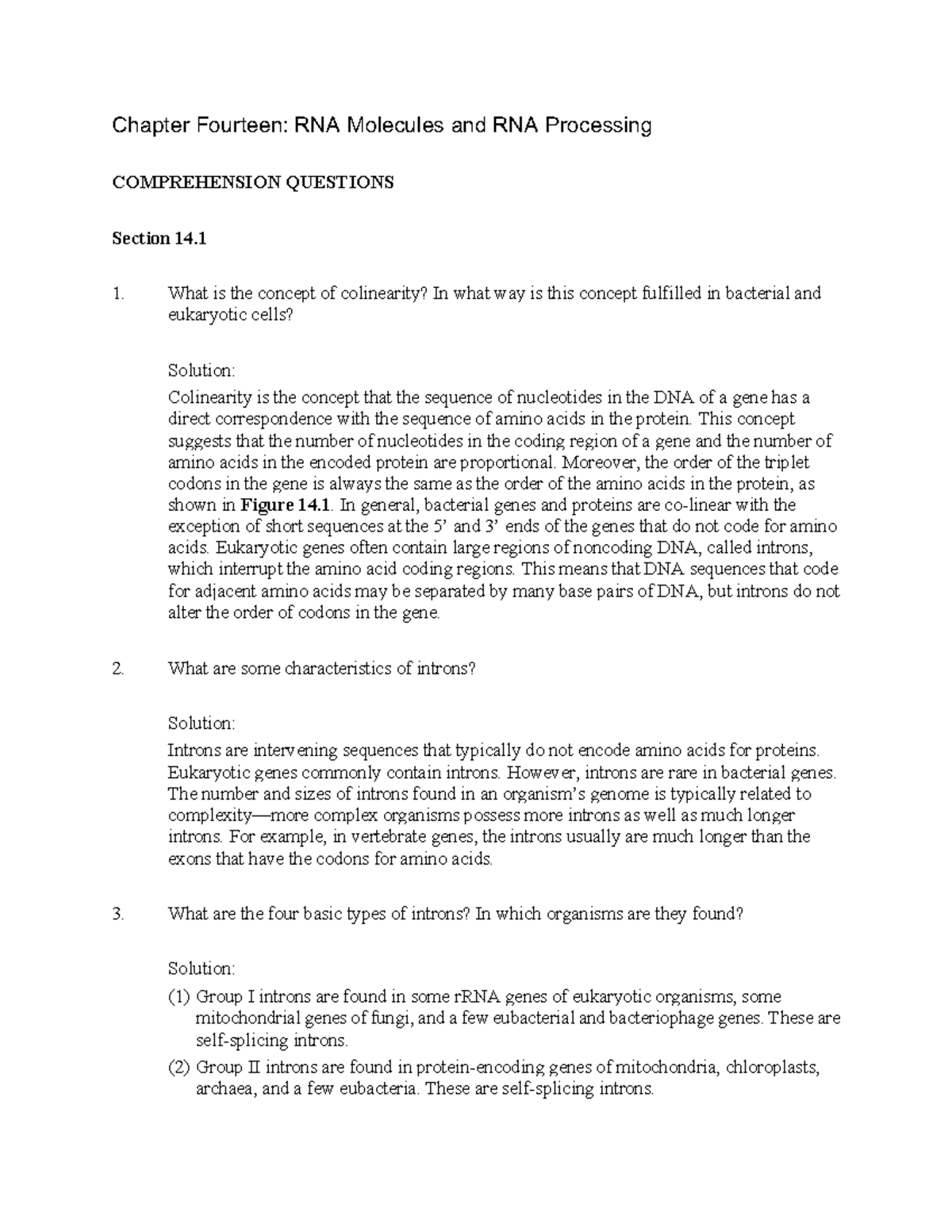 Chapter 14 Pierce - Chapter Fourteen: RNA Molecules and RNA Processing ...