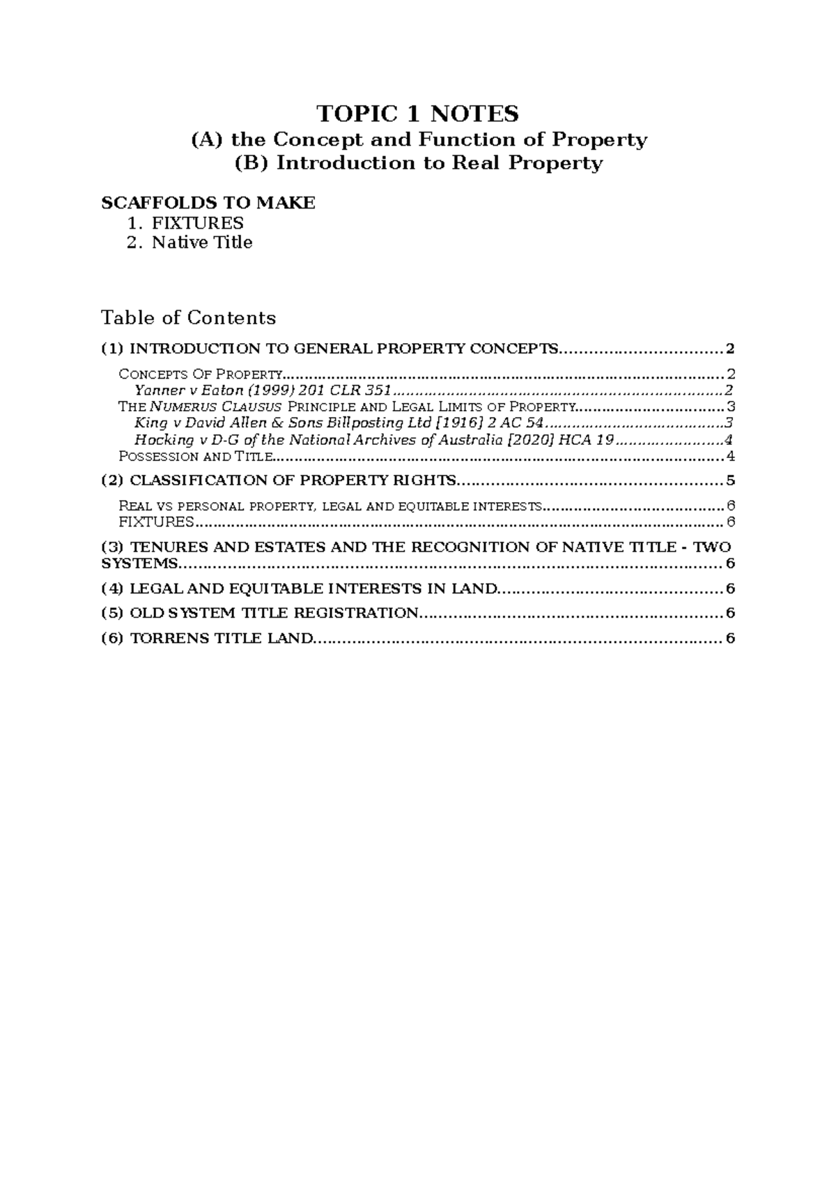 Topic 1 Notes - TOPIC 1 NOTES (A) the Concept and Function of Property ...