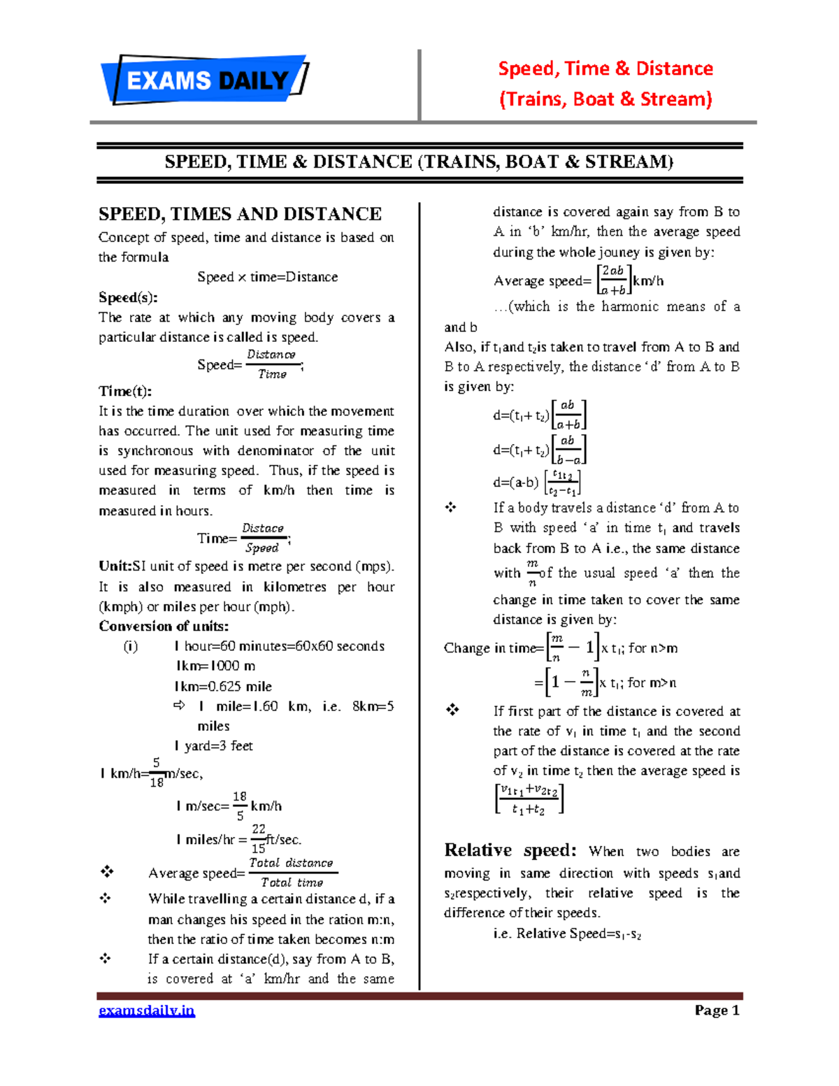 Speed Time Distance pdf - (Trains, Boat & Stream) SPEED, TIME ...