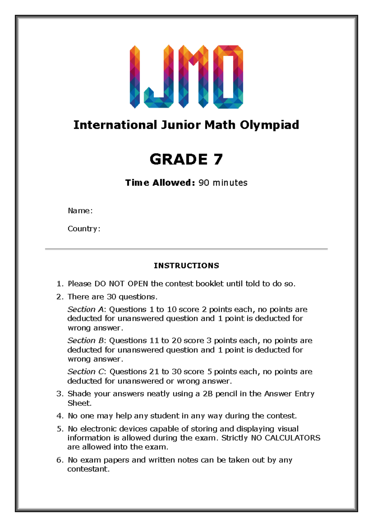 Grade-7 - The document is a mathematics test for 7th grade students ...