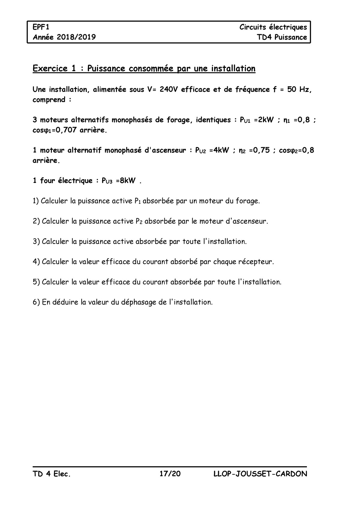 Td 10 Circuit électrique Epf1 Circuits électriques Année 20182019 Td4 Puissance Td 4 Elec 17 5021