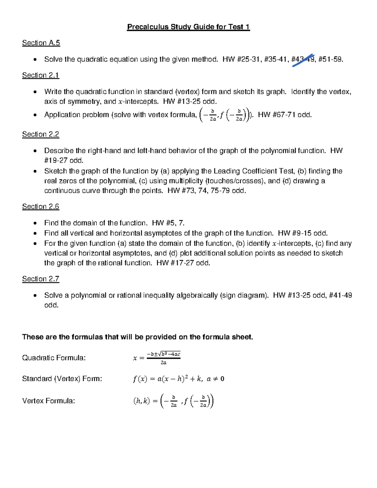 Precalculus Study Guide For Test 1 - HW Section 2 Write The Quadratic ...