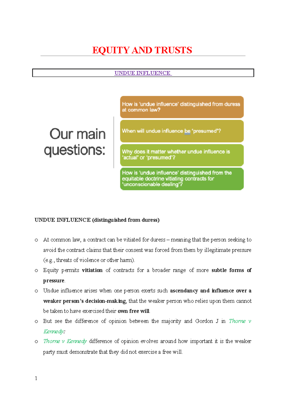 Equity and Trusts EXAM Notes - EQUITY AND TRUSTS UNDUE INFLUENCE UNDUE ...