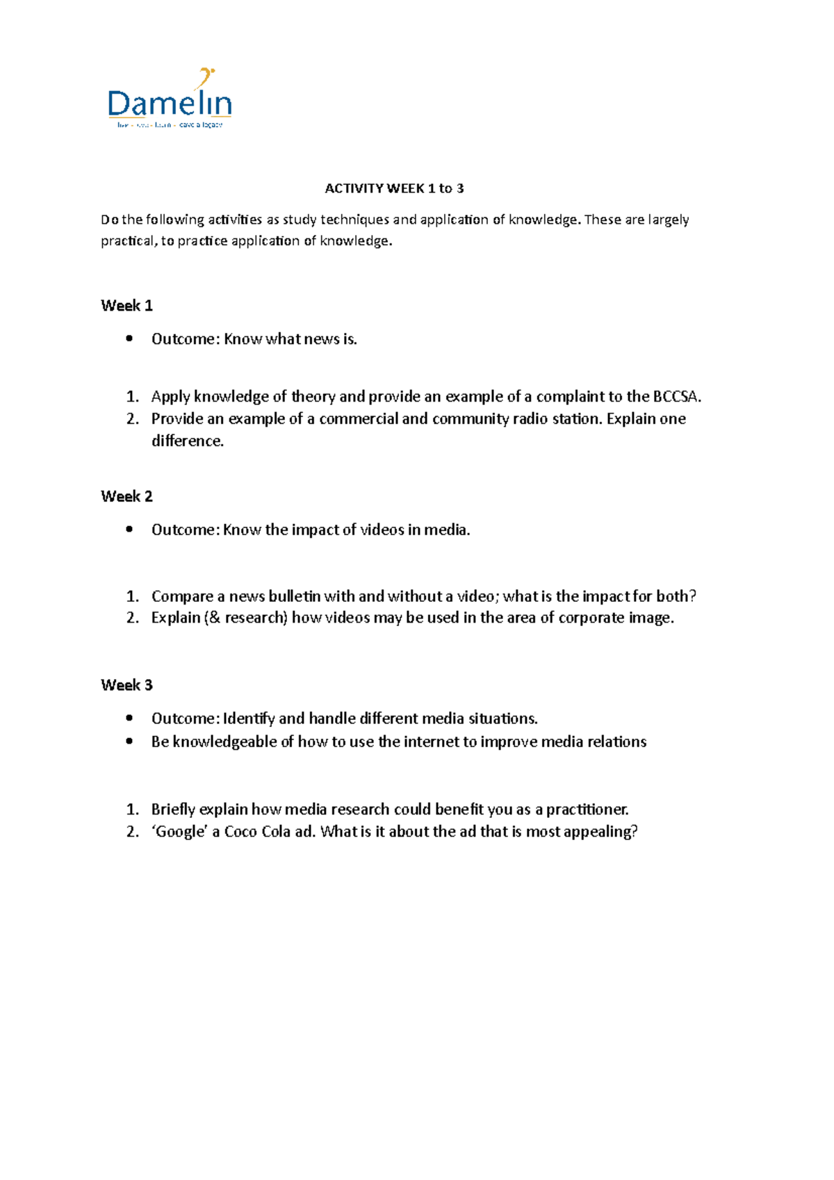 Activity week 1 NEWS 1 CE - ACTIVITY WEEK 1 to 3 Do the following ...
