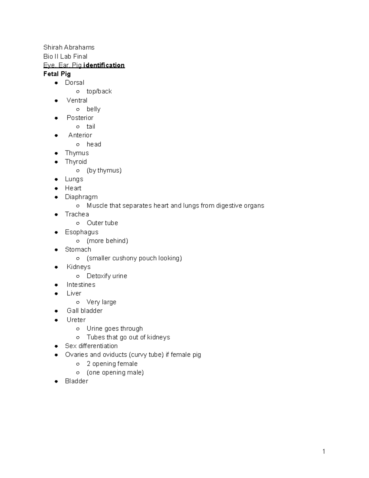 Biolab final - Shirah Abrahams Bio II Lab Final Eye, Ear, Pig ...