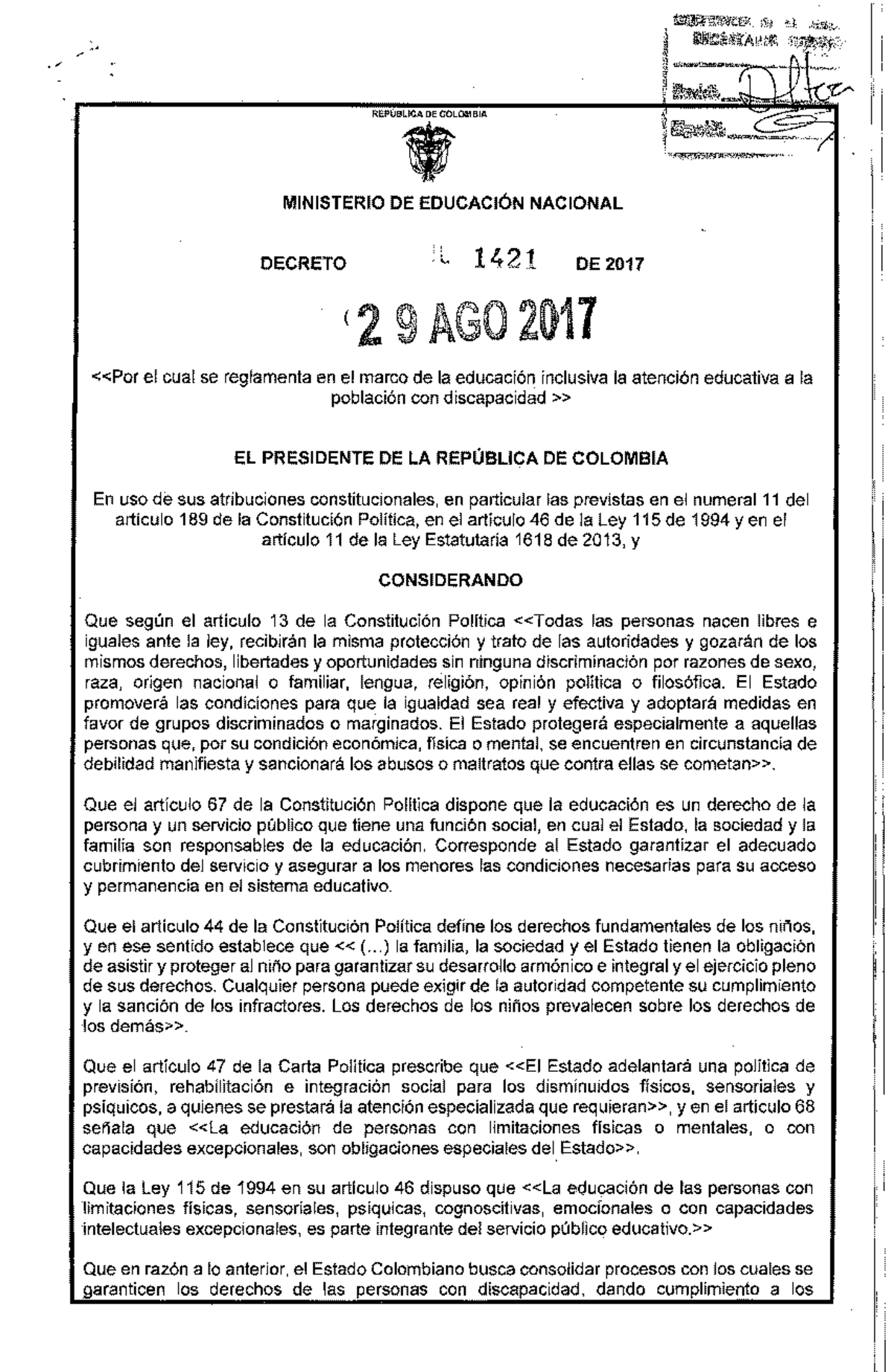 Decreto 1421 DEL 29 DE Agosto DE 2017 - I ./ REPÚBLICA DE COLOMBIA ...