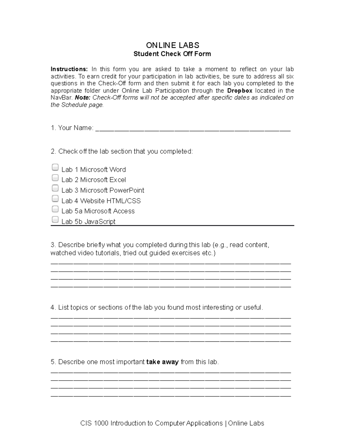 Lab Check Off Form - mandatory lab form to recieve credit for the labs ...