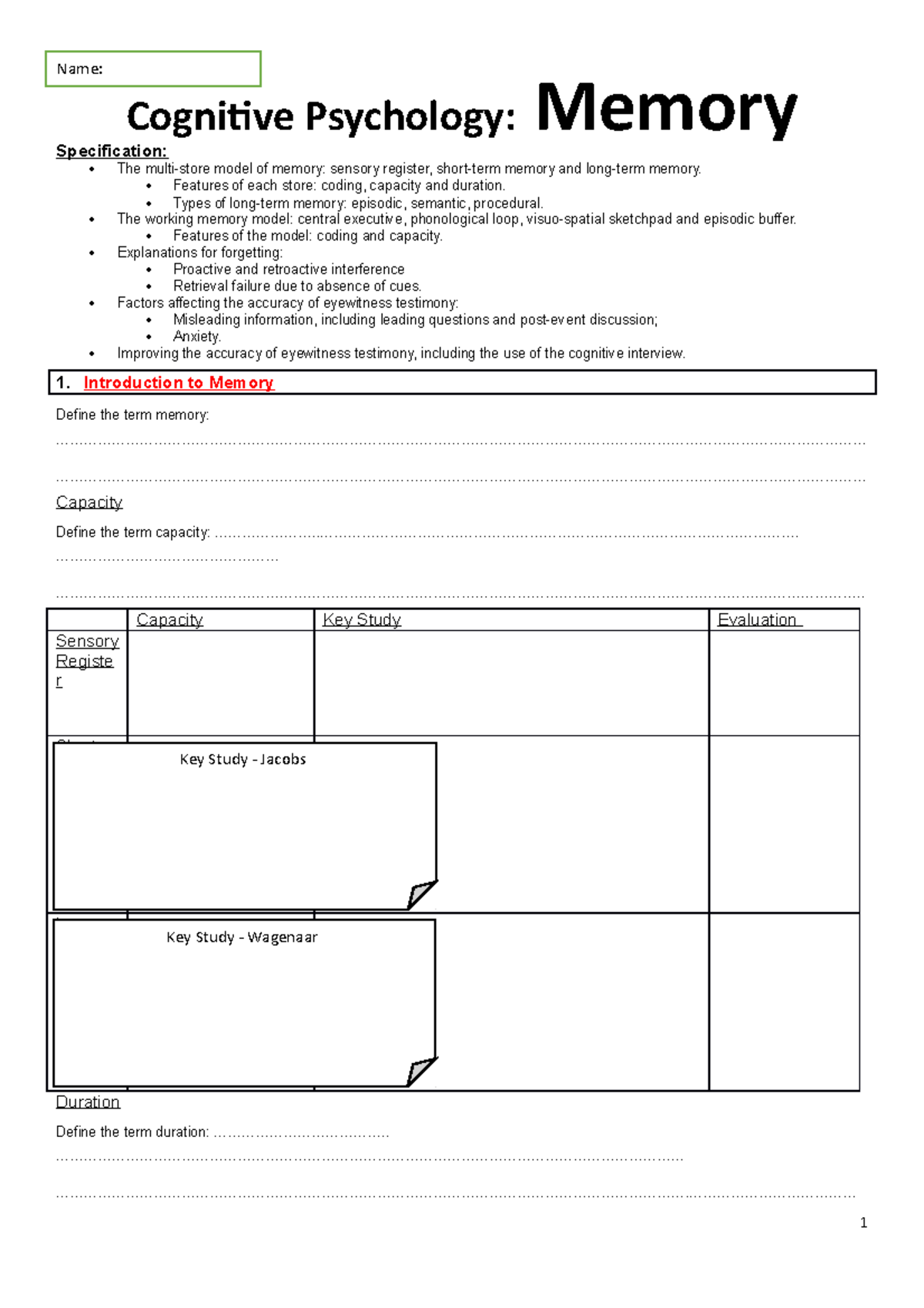 Memory Booklet 2020 - Specification: The multi-store model of memory ...