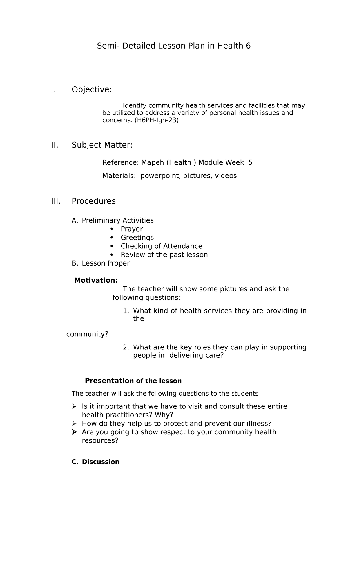 Health 6DLP - lesson plan - Semi- Detailed Lesson Plan in Health 6 I ...