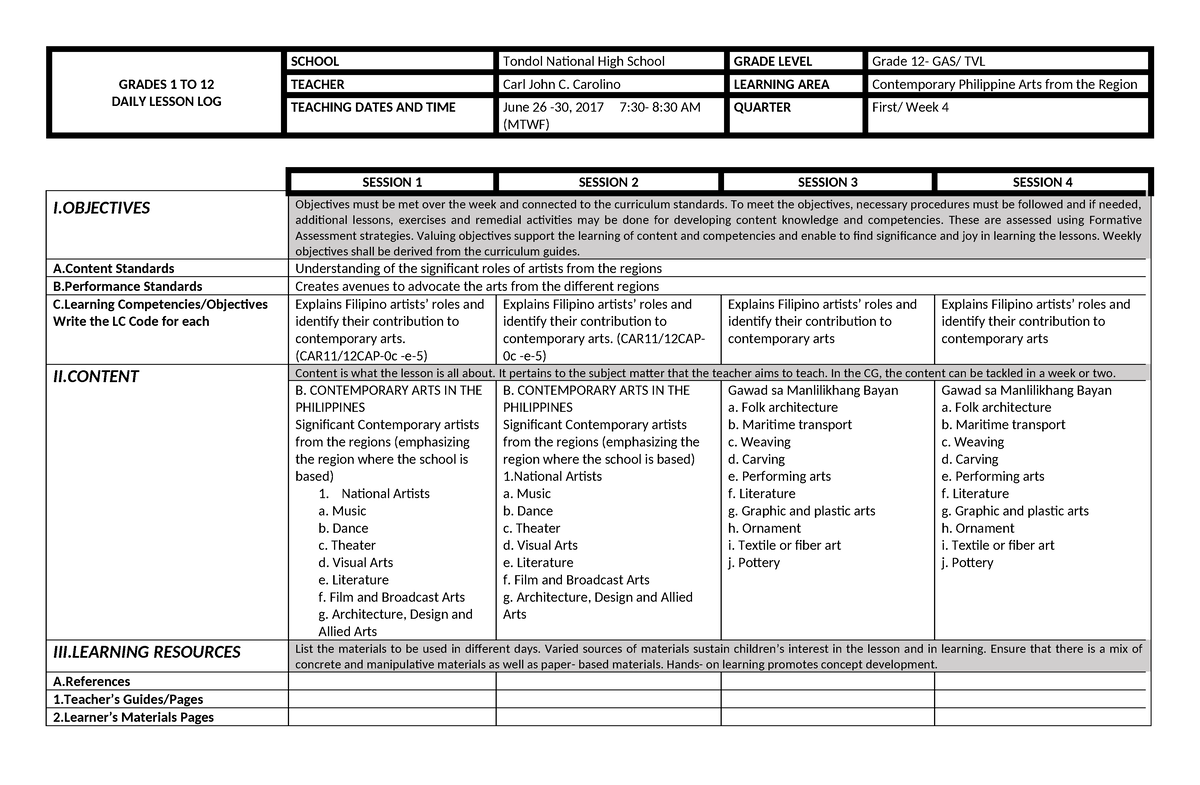412239098 4th Week Cpar 4 Grades 1 To 12 Daily Lesson Log School Tondol National High School 4356