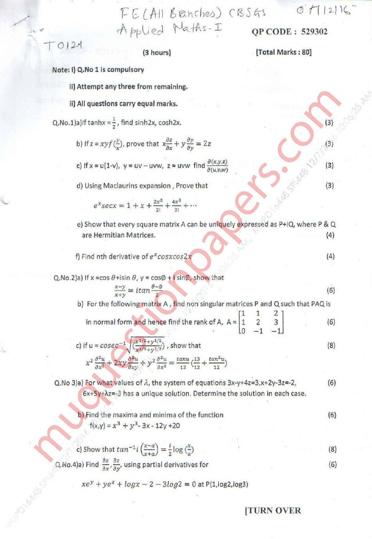 FE SEM1 M1 DEC16 - que - Applied Mathematics‐I - Studocu