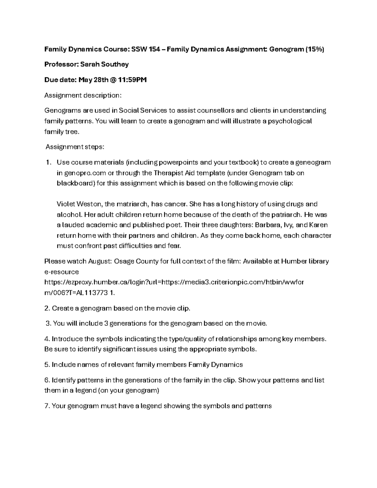 Genogram Assignment - Family Dynamics Course: SSW 154 – Family Dynamics ...