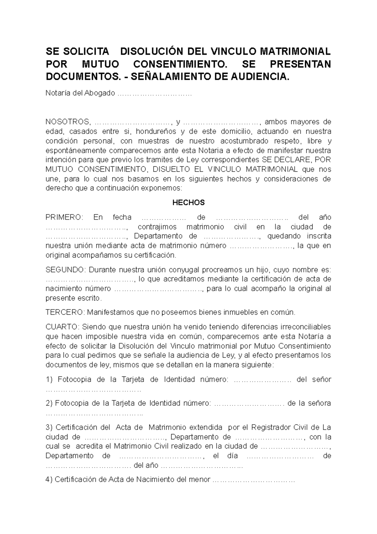 Se Solicita Disolución Del Vinculo Matrimonial Por Mutuo Consentimiento