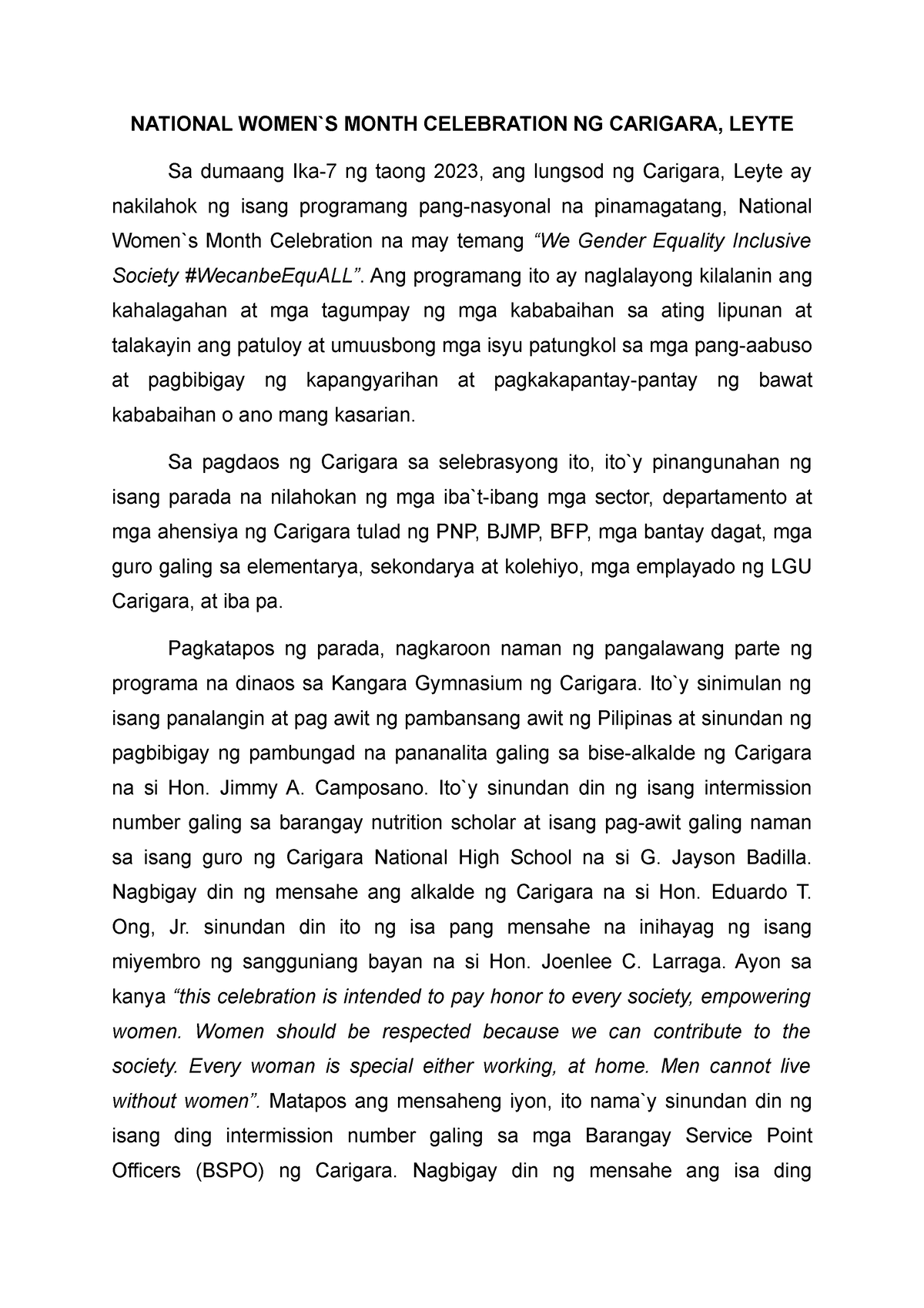 women's month essay tagalog brainly