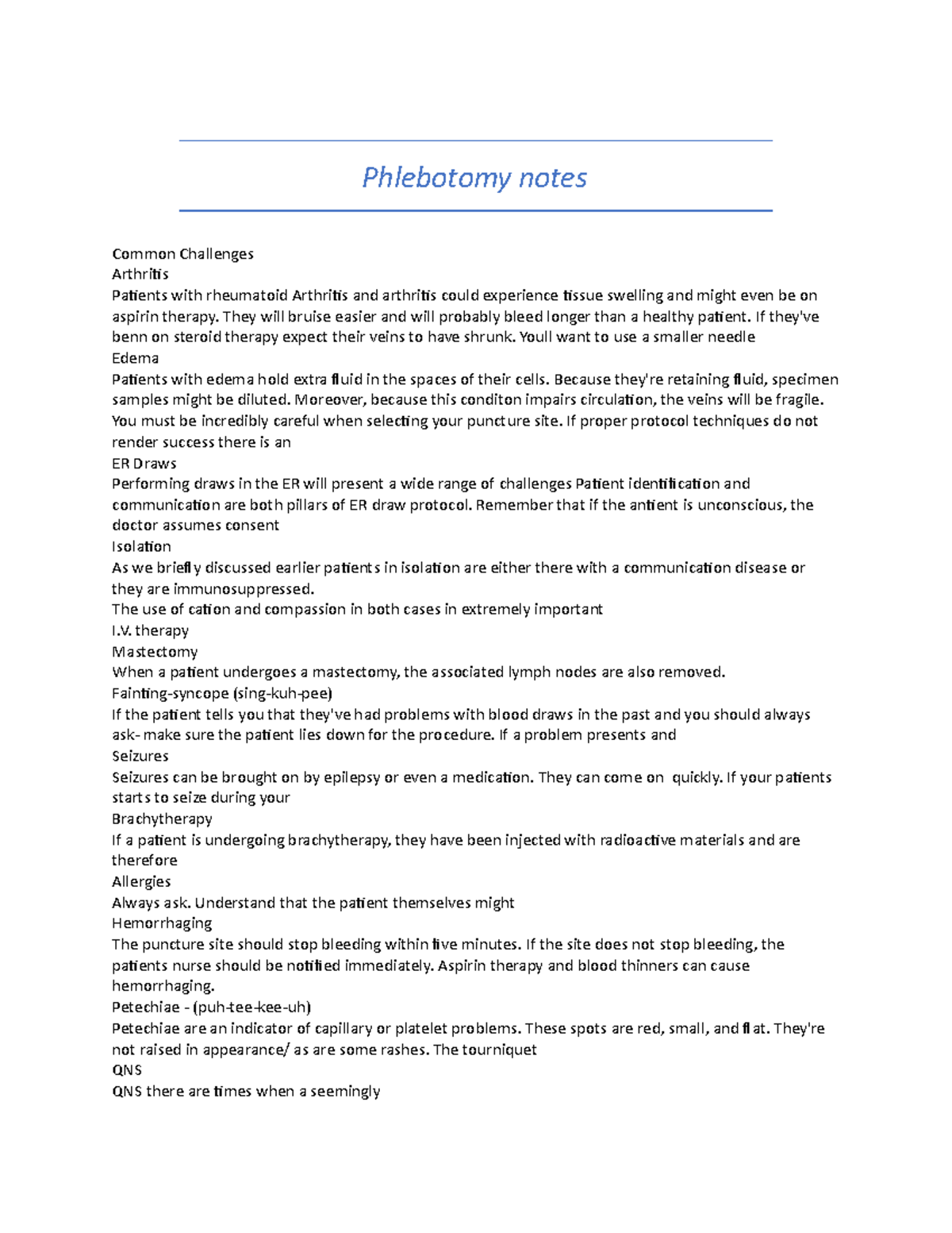 Phlebotomy Notes 3 - Phlebotomy Notes Common Challenges Arthritis ...