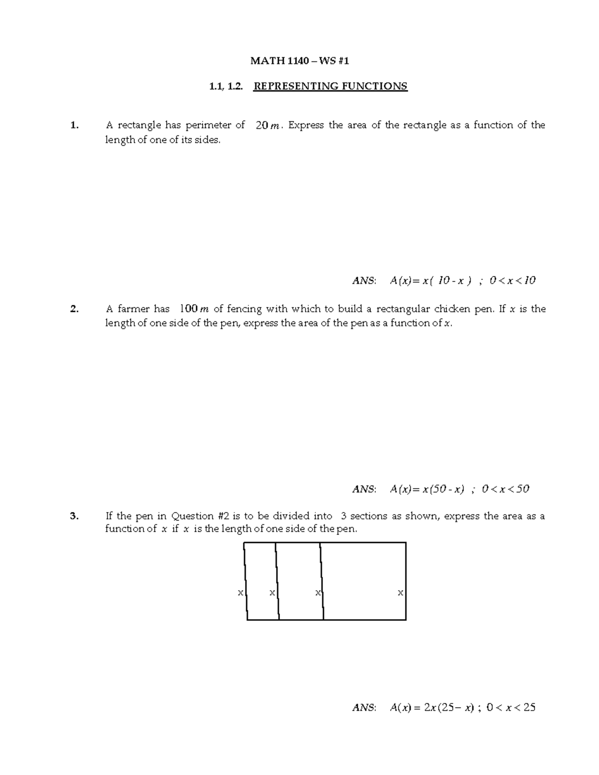 Math 1140, WS #1, Representing Functions - MATH 1140 – WS #1 1, 1 ...