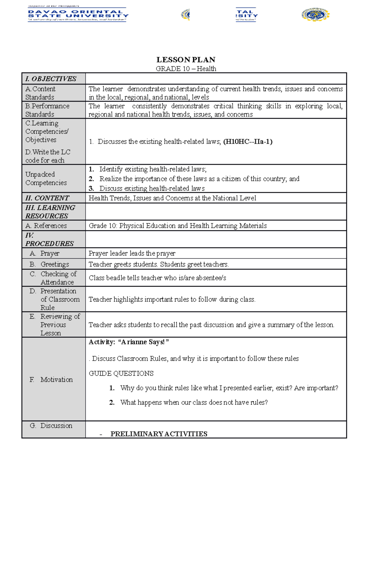 Fs Lp 10 Lesson Plan Lesson Plan Grade 10 Health I Objectives A Standards The Learner 7509