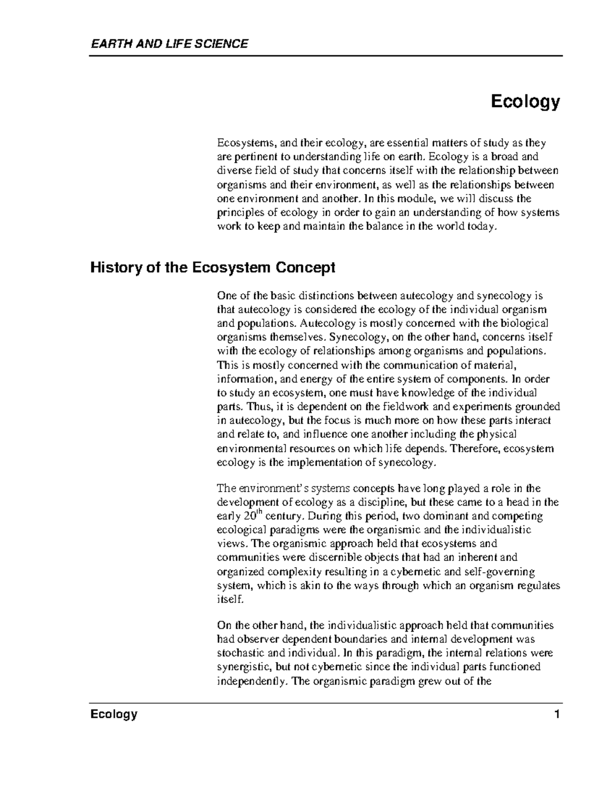 Week 016 Module Ecology - EARTH AND LIFE SCIENCE Ecology 1 Ecology ...