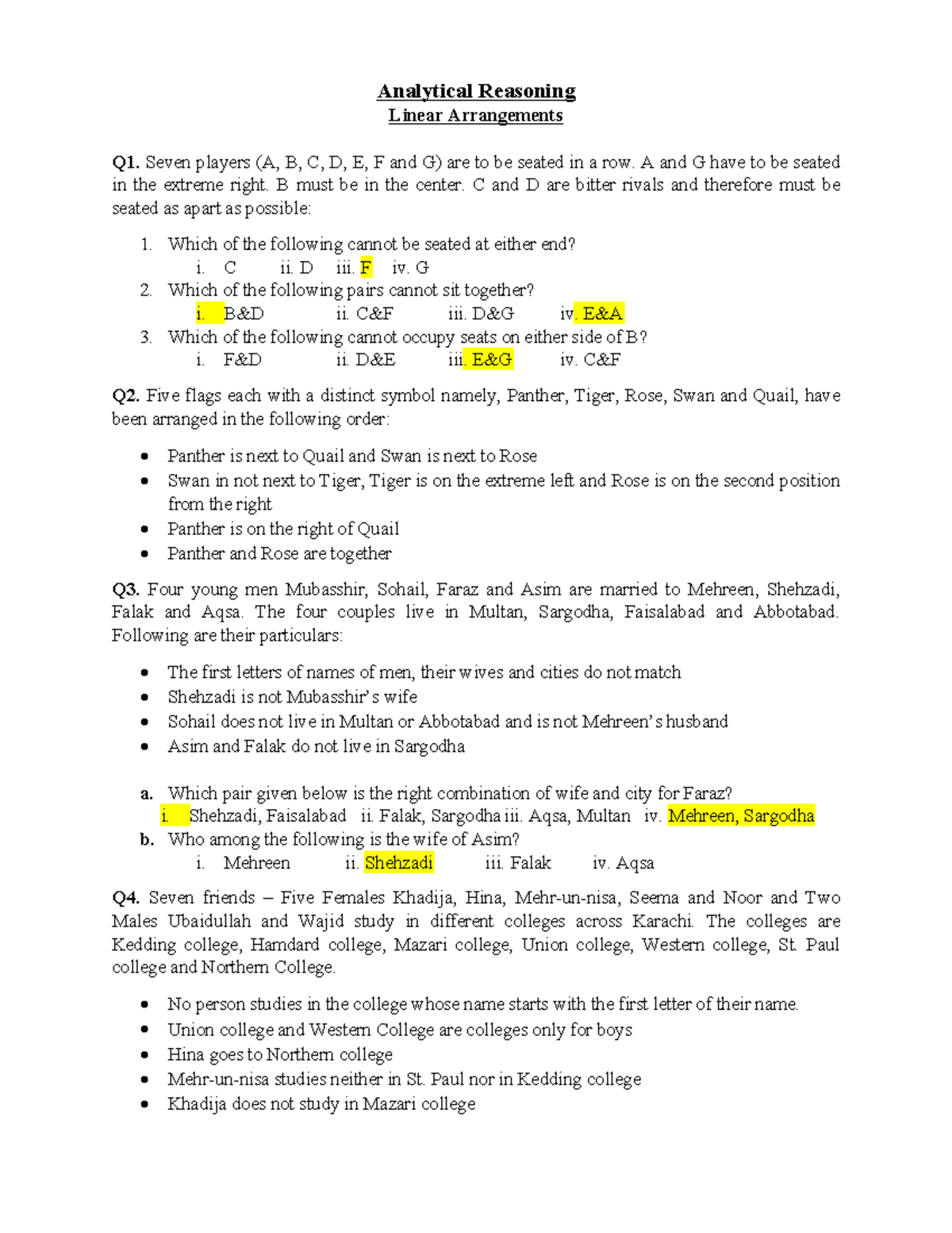 Linear arrangement Analytical Reasoning Linear Arrangements Q1. Seven