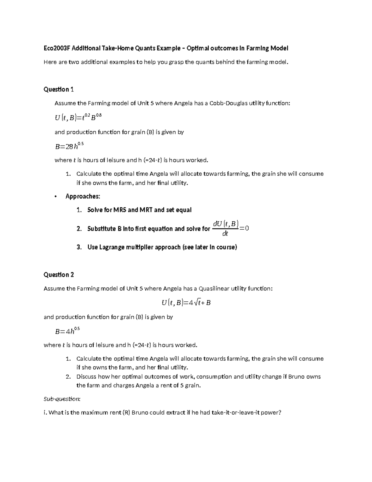 Class exercise Quants optimisation B Quest - Eco2003F Additional Take ...