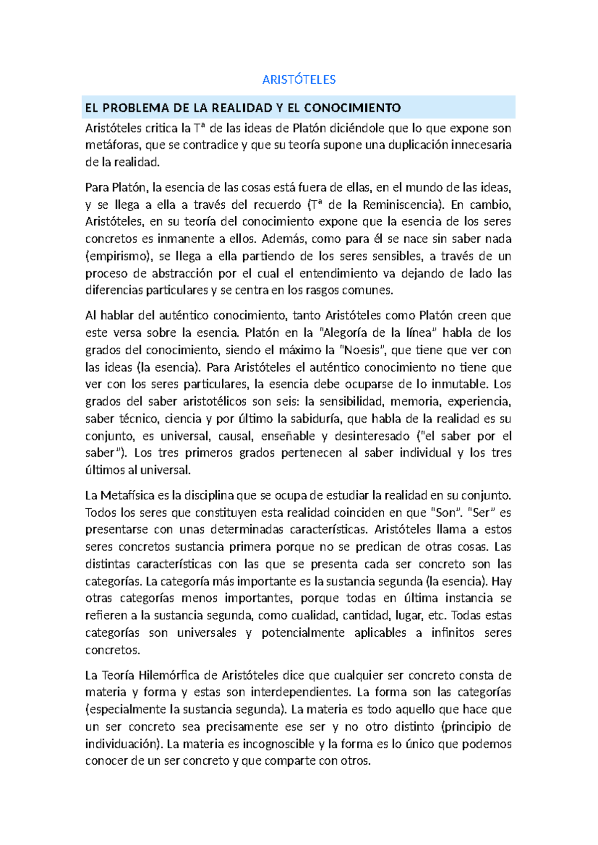 2) Aristóteles - ARISTÓTELES EL PROBLEMA DE LA REALIDAD Y EL ...