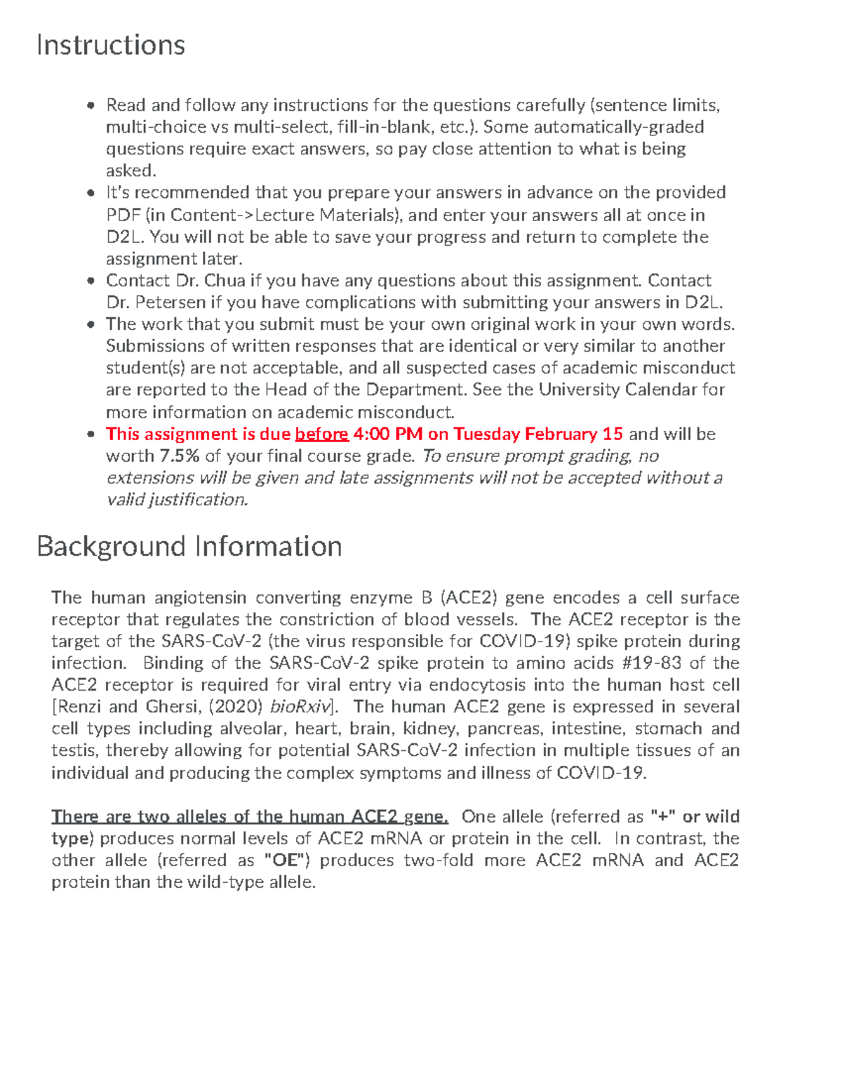 BIOL 243 Assignment 1 Questions - Instructions Background Information ...