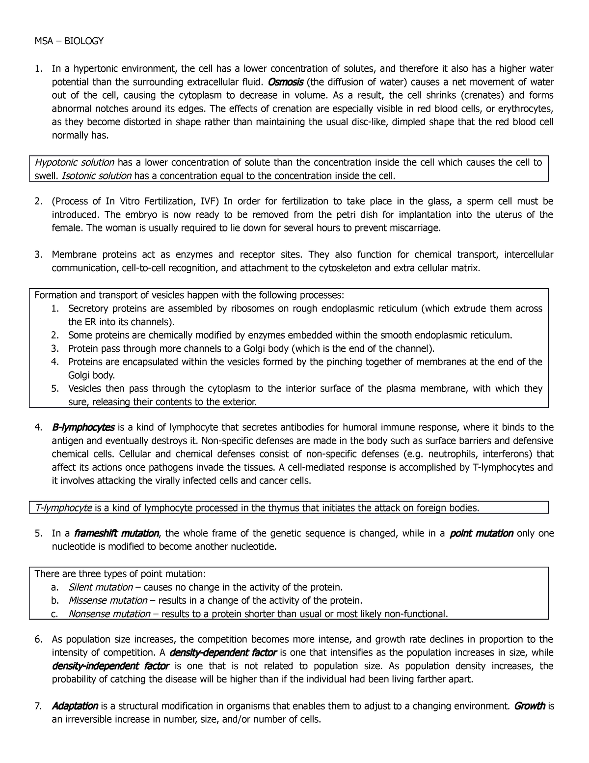 MSA Biology - Notes - In a hypertonic environment, the cell has a lower ...