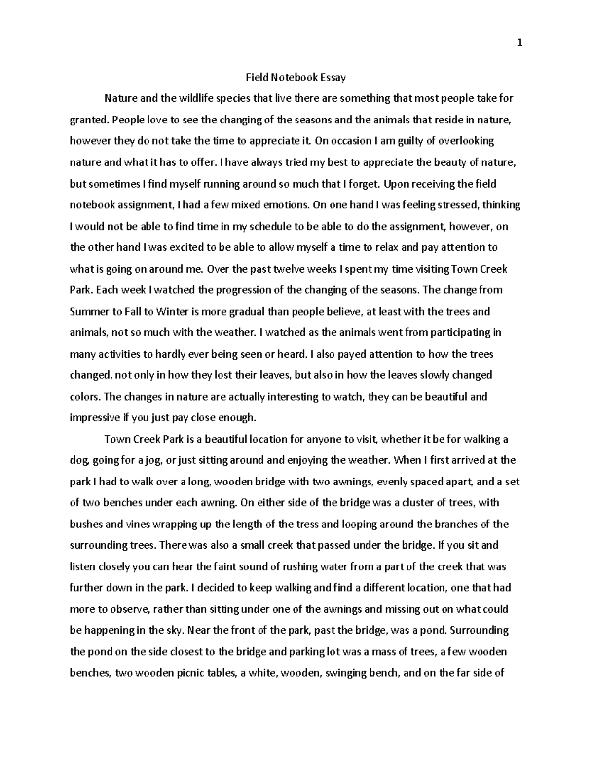 Field Notebook Essay 1 Lecture Notes 1 Field Notebook Essay Nature and the wildlife species