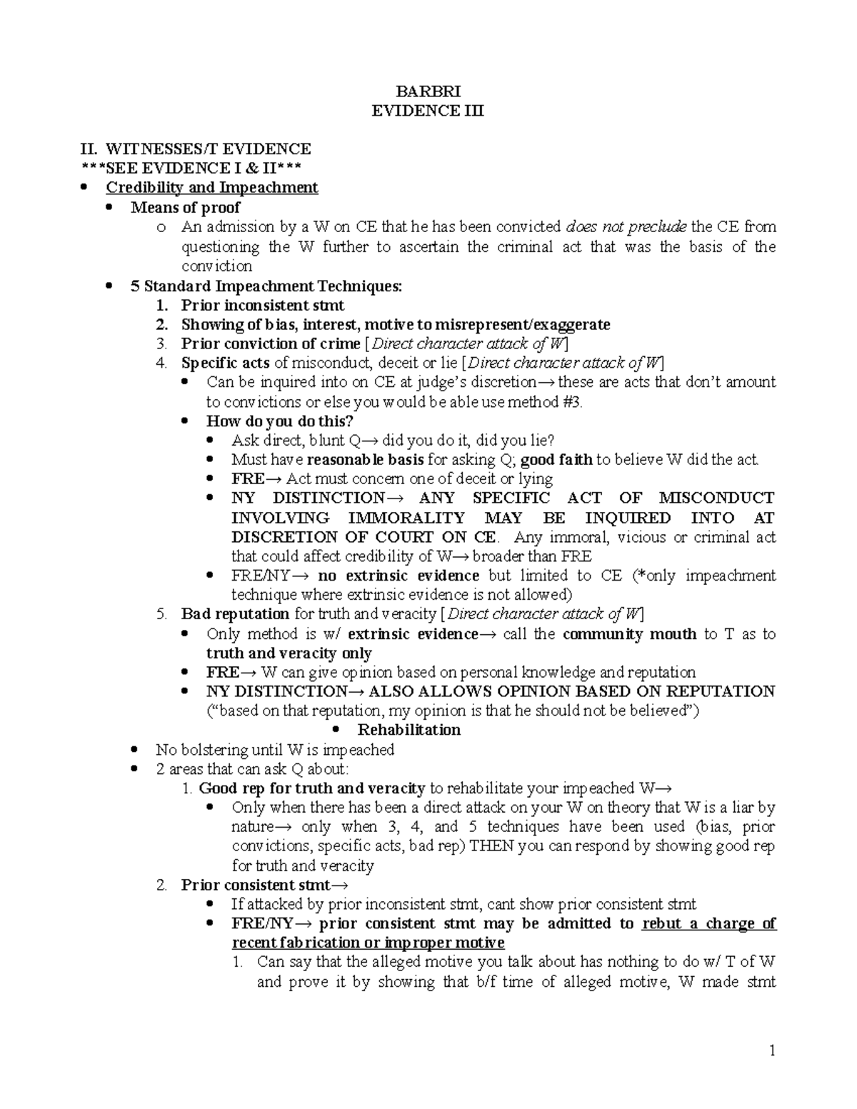 Evidence III Barbri - BARBRI EVIDENCE III II. WITNESSES/T EVIDENCE SEE ...