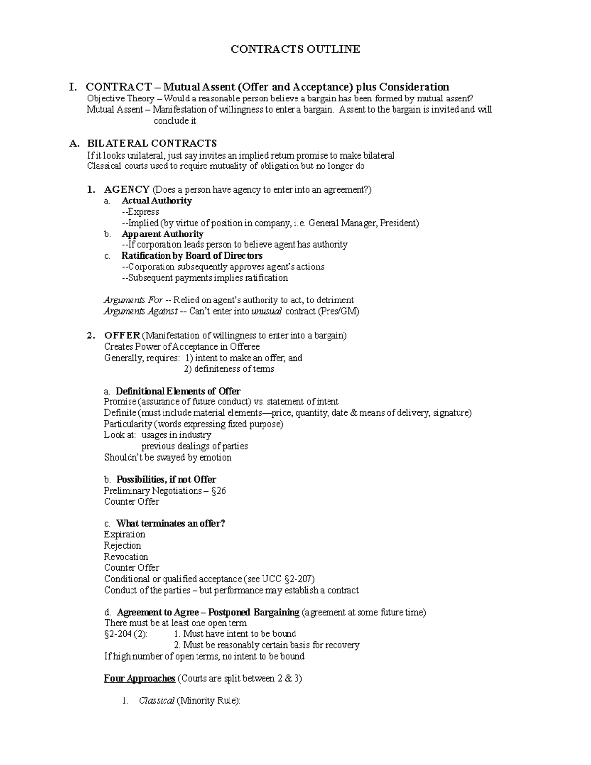 Contracts Law Outline 3 CONTRACTS OUTLINE I. CONTRACT Mutual