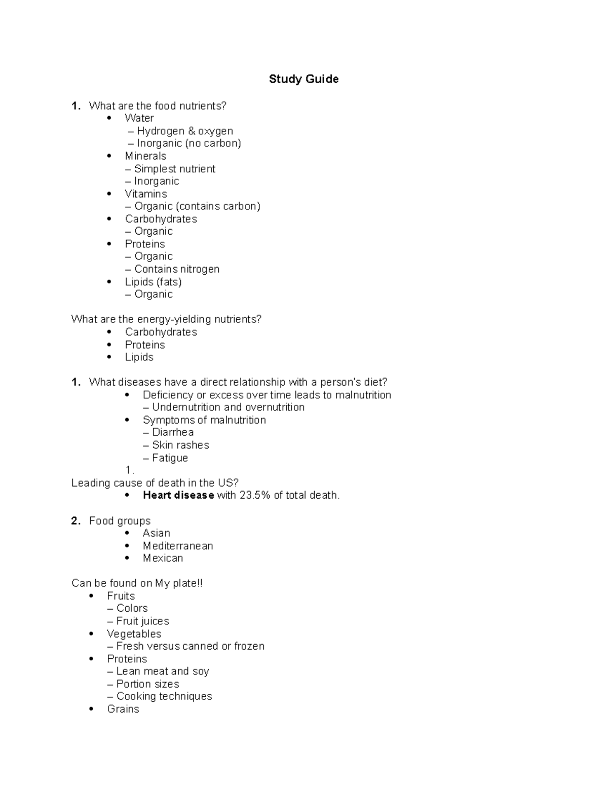 Nutrition Midterm Study Guide (1 15 ) Study Guide 1. What are the