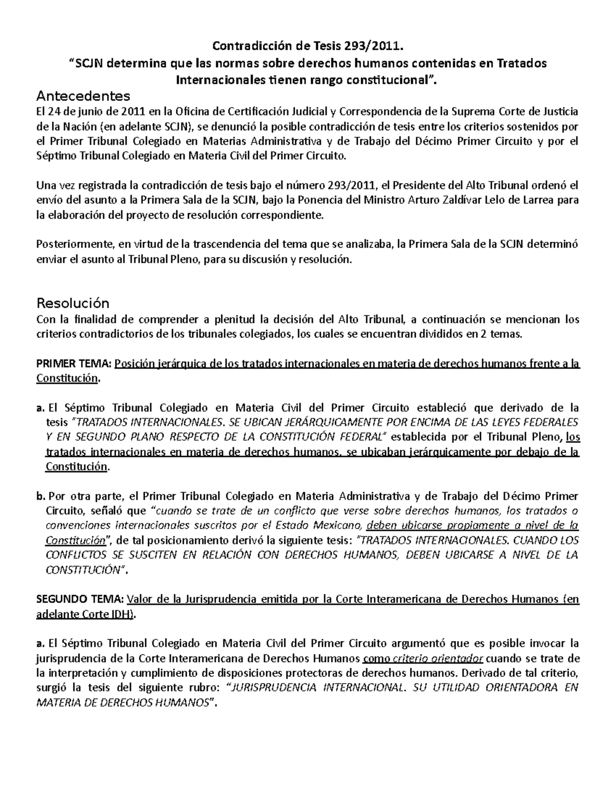 Tesis Dh - Apuntes 1 - Contradicción De Tesis 293/2011. “SCJN Determina ...