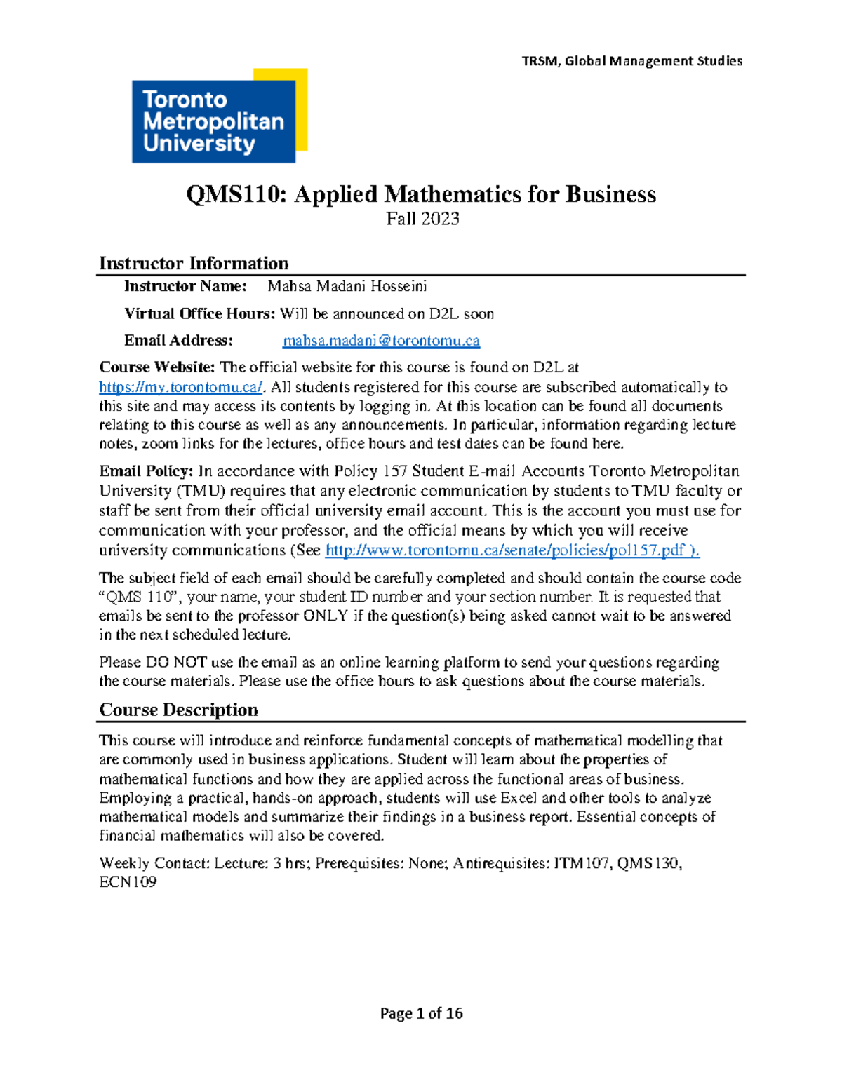 QMS110 Course Outline Fall 2023 - TRSM, Global Management Studies ...