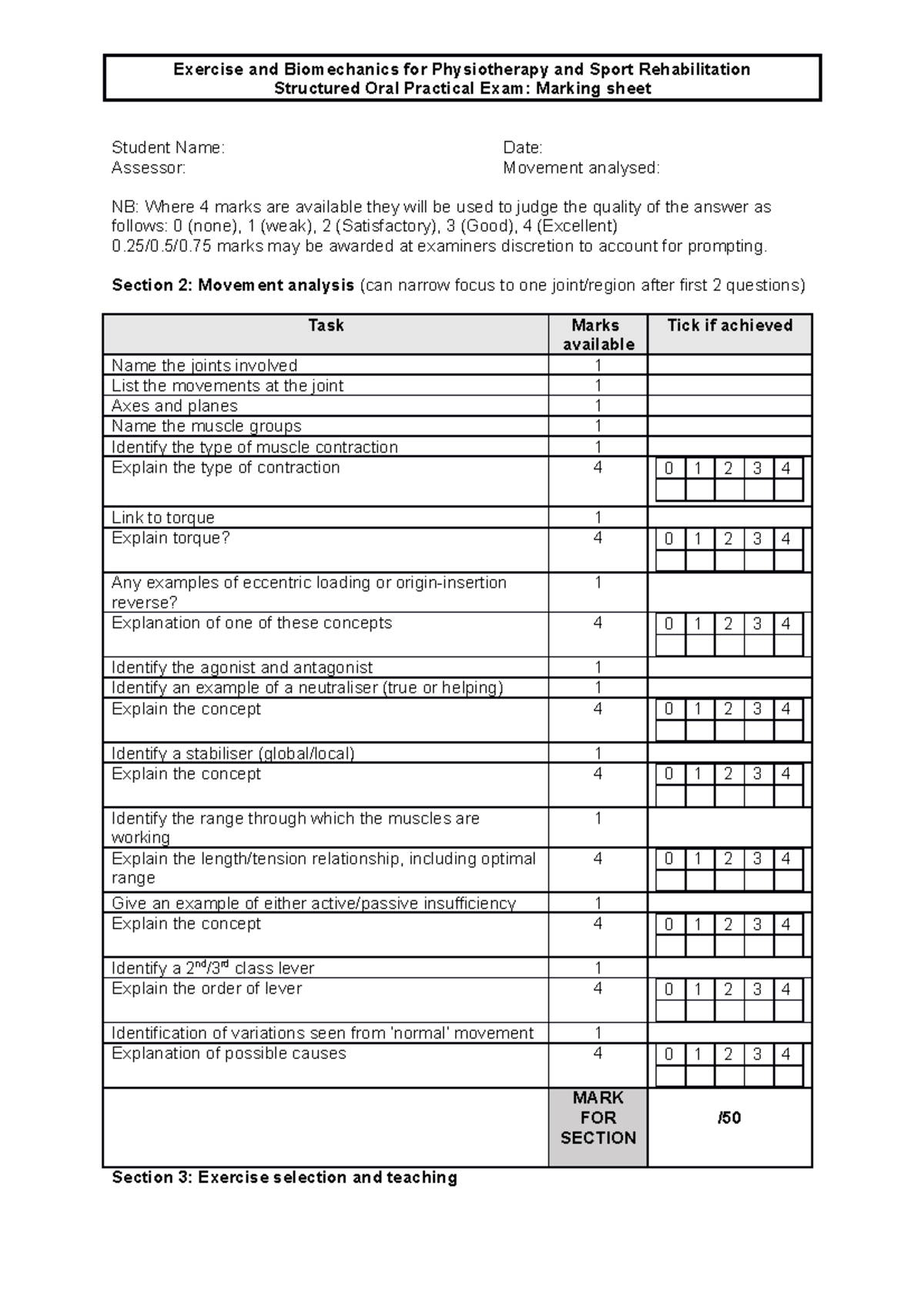 Draft SOPE marksheet - Exercise and Biomechanics for Physiotherapy and ...