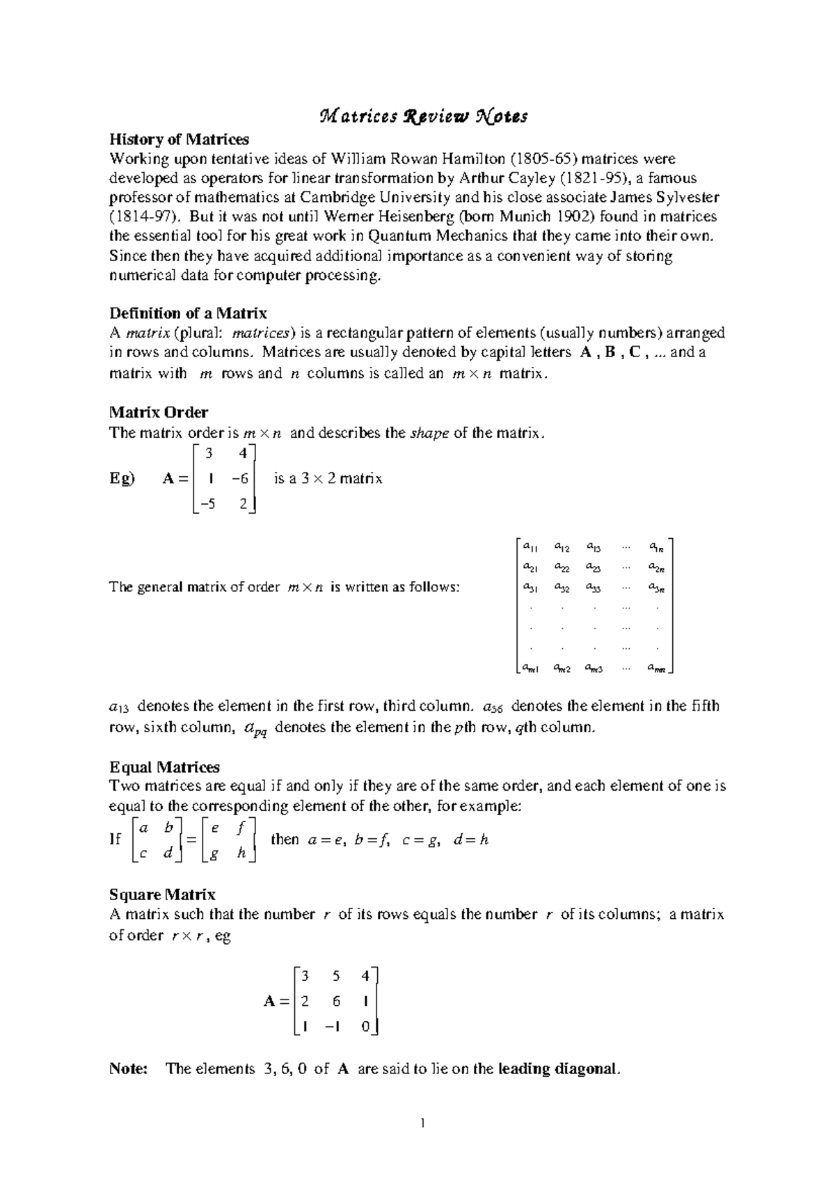 Matrix Review Notes - SUmmary of matrices - M a trices R ev iew M a ...