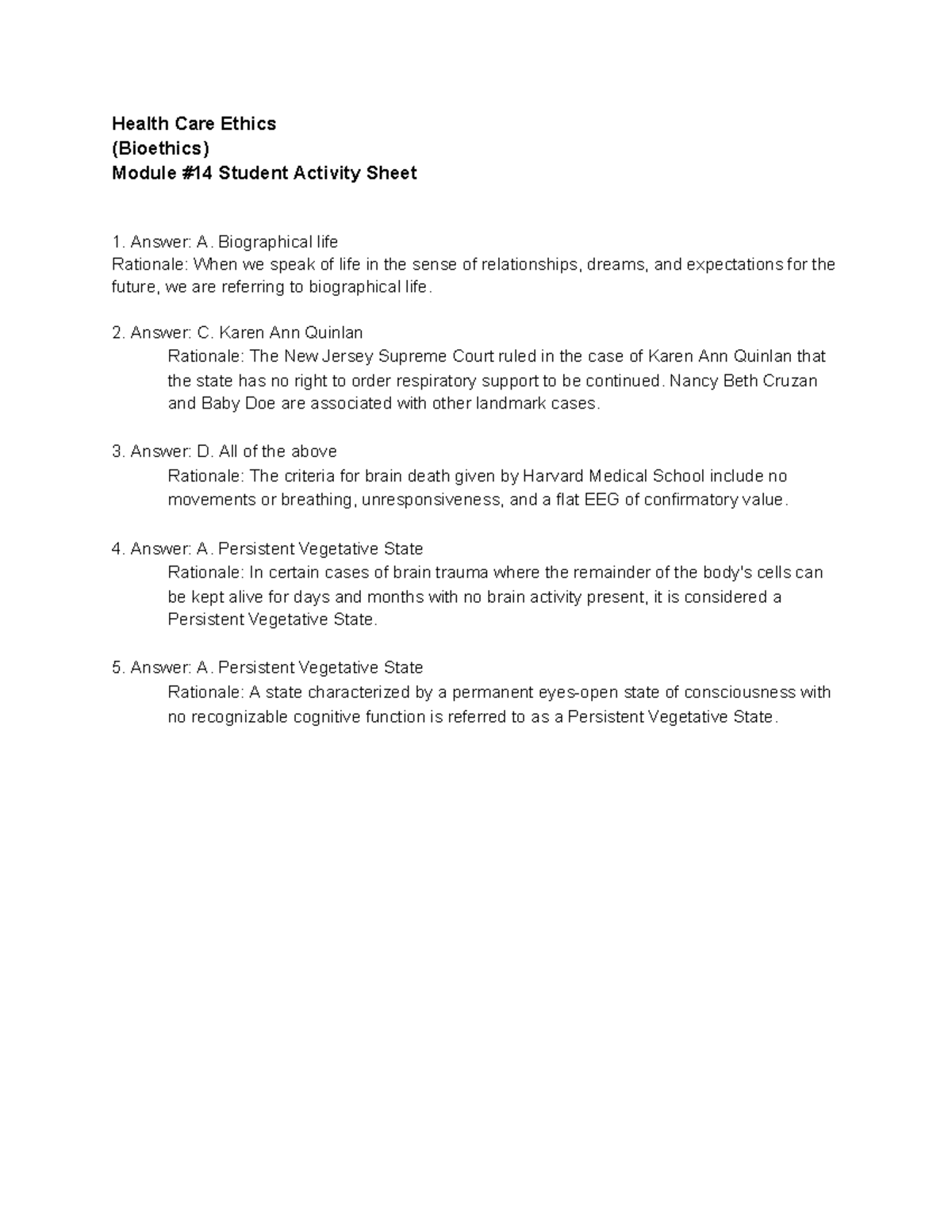 DE LOS Reyes SAS 14 - BIOETHICS SAS ANSWER KEY - Health Care Ethics ...