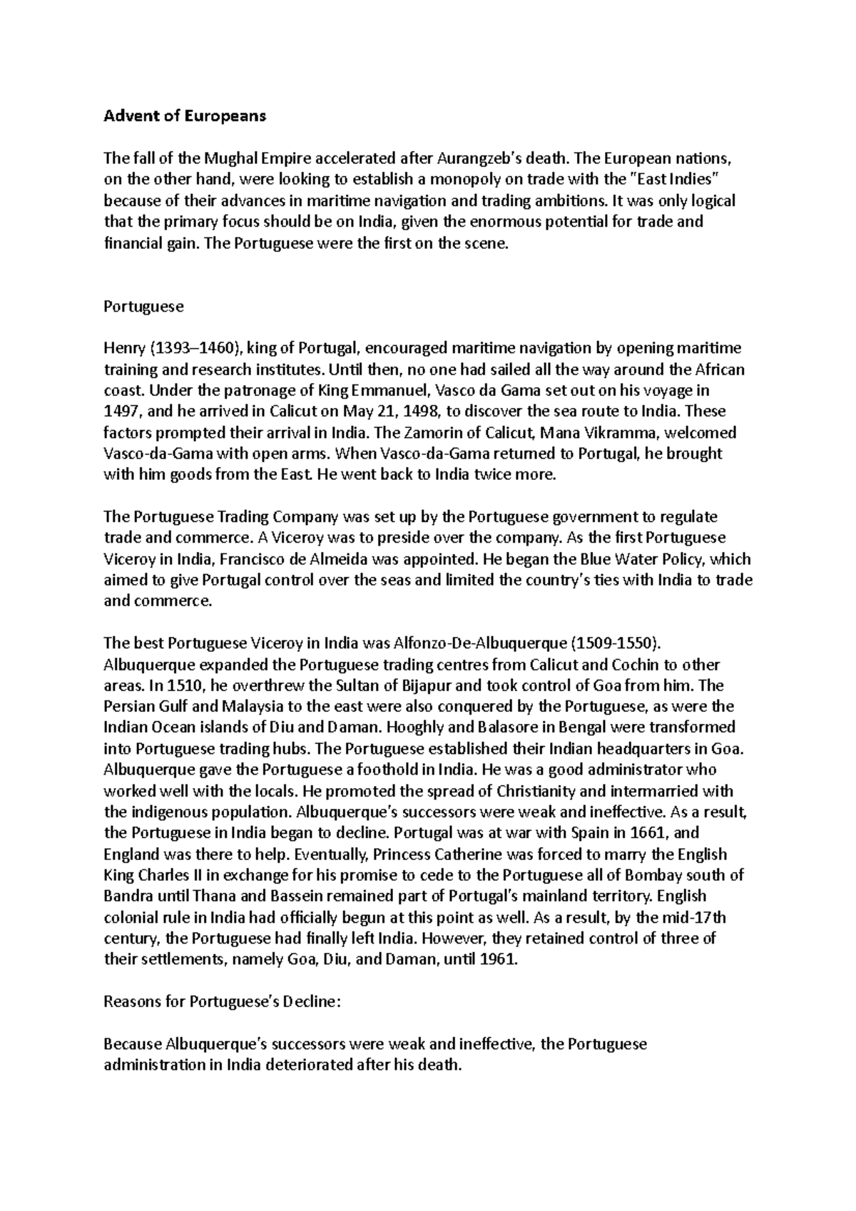 Advent of Europeans - Lecture notes 3 - History of Modern India - Studocu