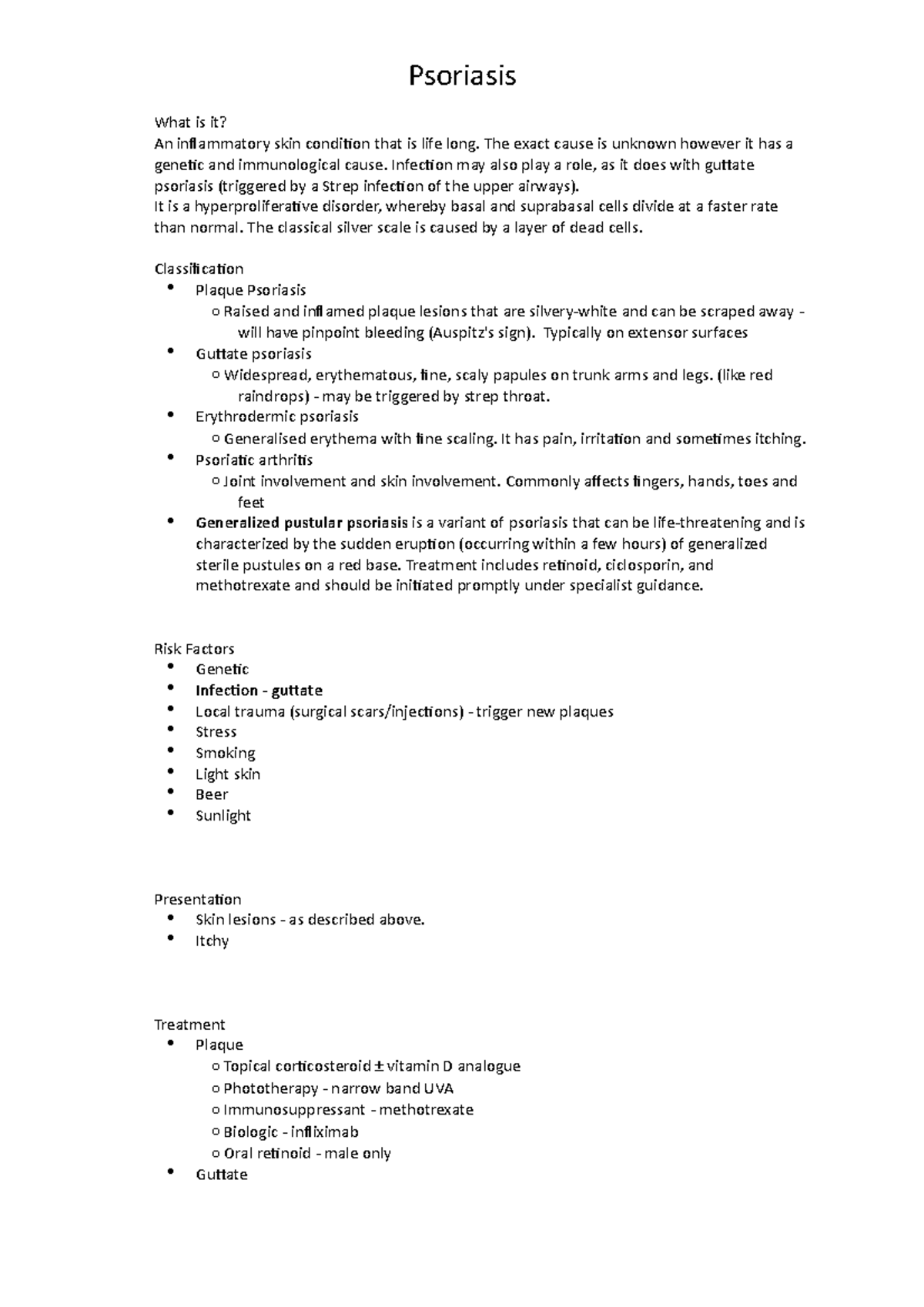 Psoriasis - Lecture notes 1 - Psoriasis What is it? An inflammatory ...