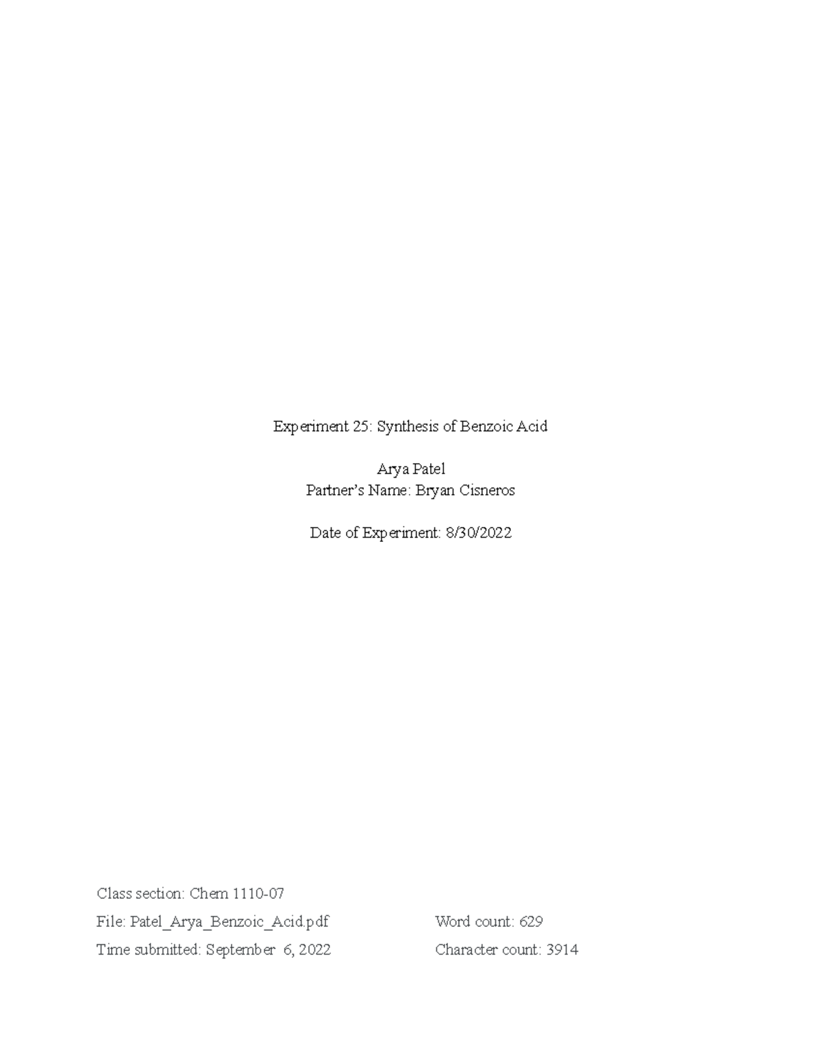 Benzoic Acid - Experiment 25: Synthesis of Benzoic Acid Arya Patel ...