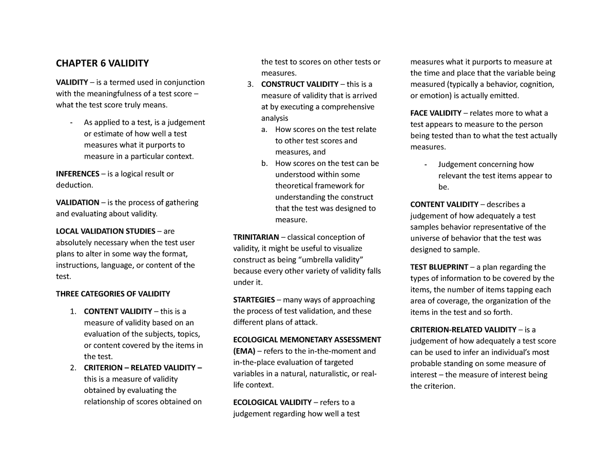 Chapter 6 Validity - Psych Assessment Notes - CHAPTER 6 VALIDITY ...