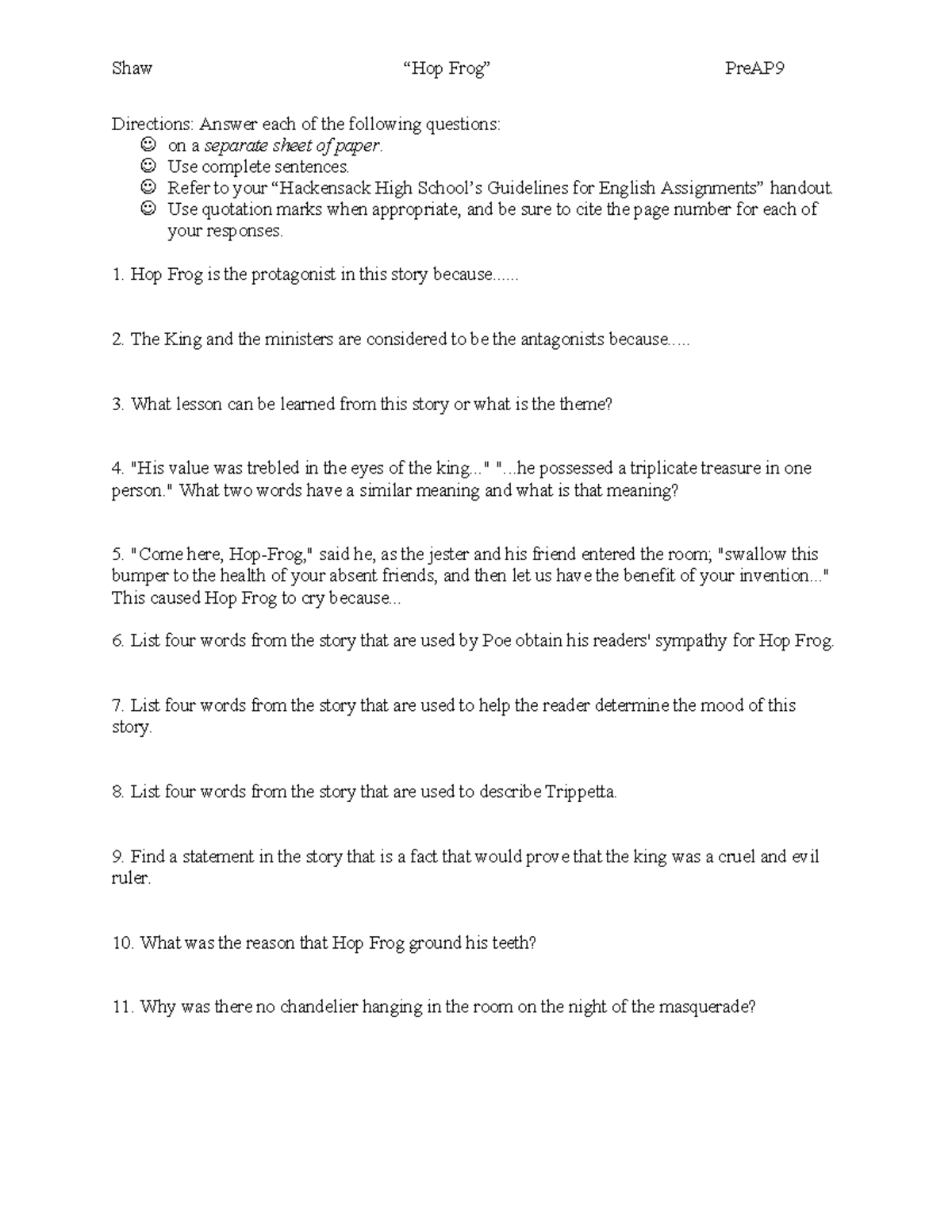 Pre AP 9 Hop Frog Questions Shaw “Hop Frog” PreAP Directions Answer