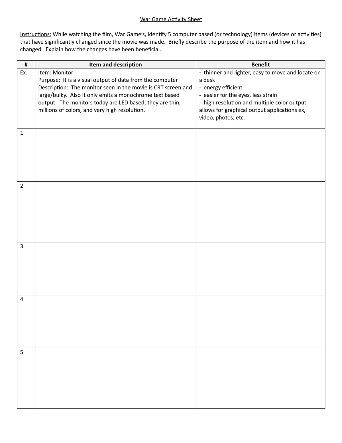 G. War Game Activity Sheet - War Game Activity Sheet Instructions ...