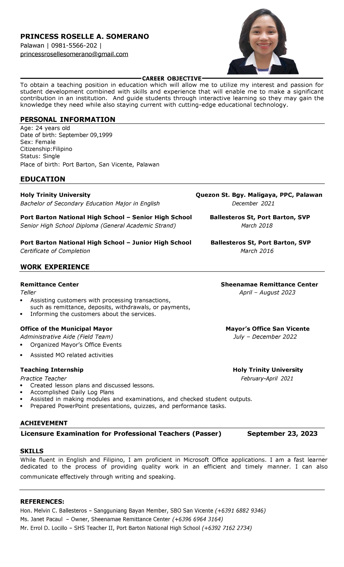 P Somerano Resume - PRINCESS ROSELLE A. SOMERANO Palawan | 0981-5566 ...