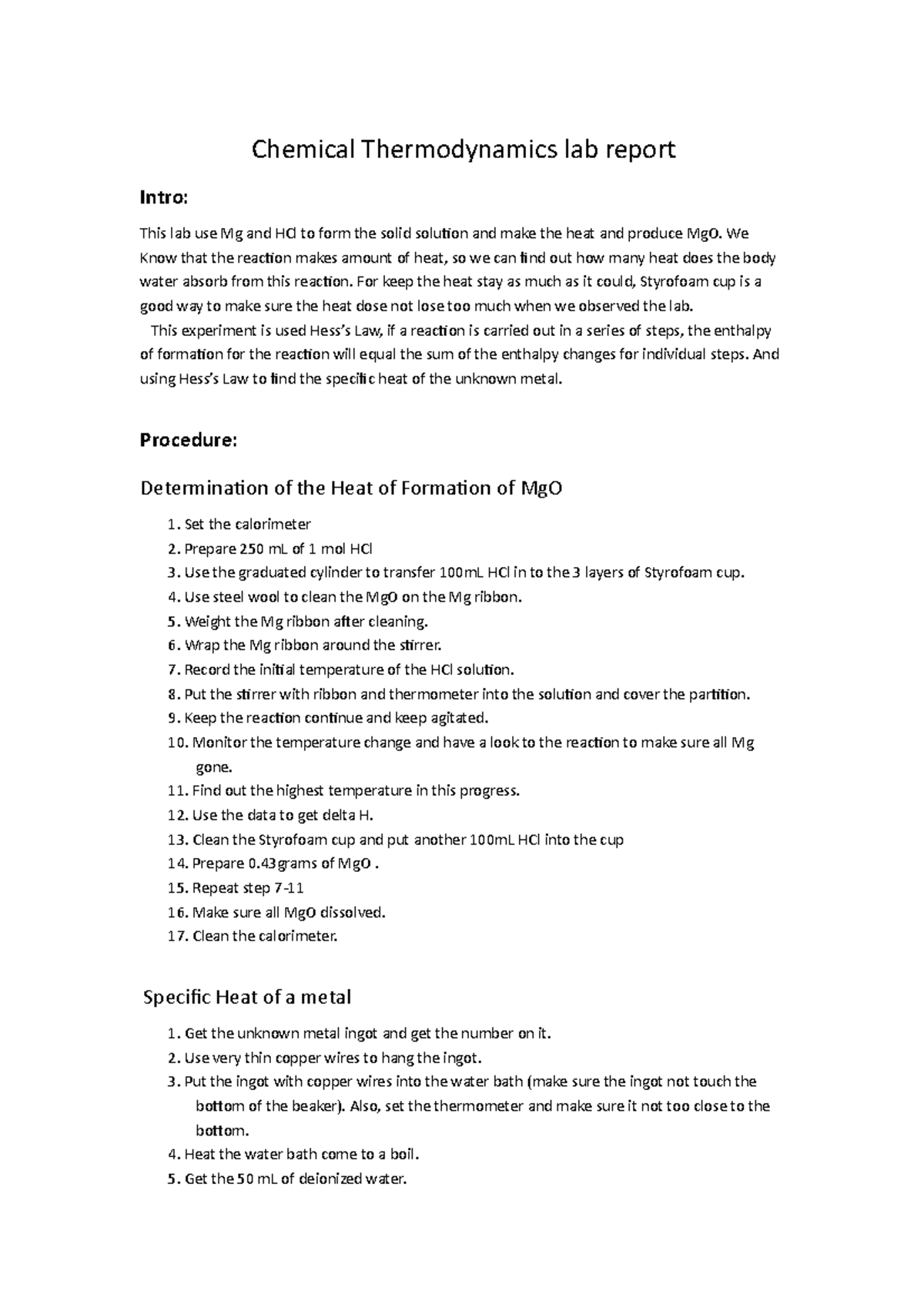 Chemical Thermodynamics Lab Report Chemical Thermodynamics Lab Report Intro This Lab Use Mg 0688