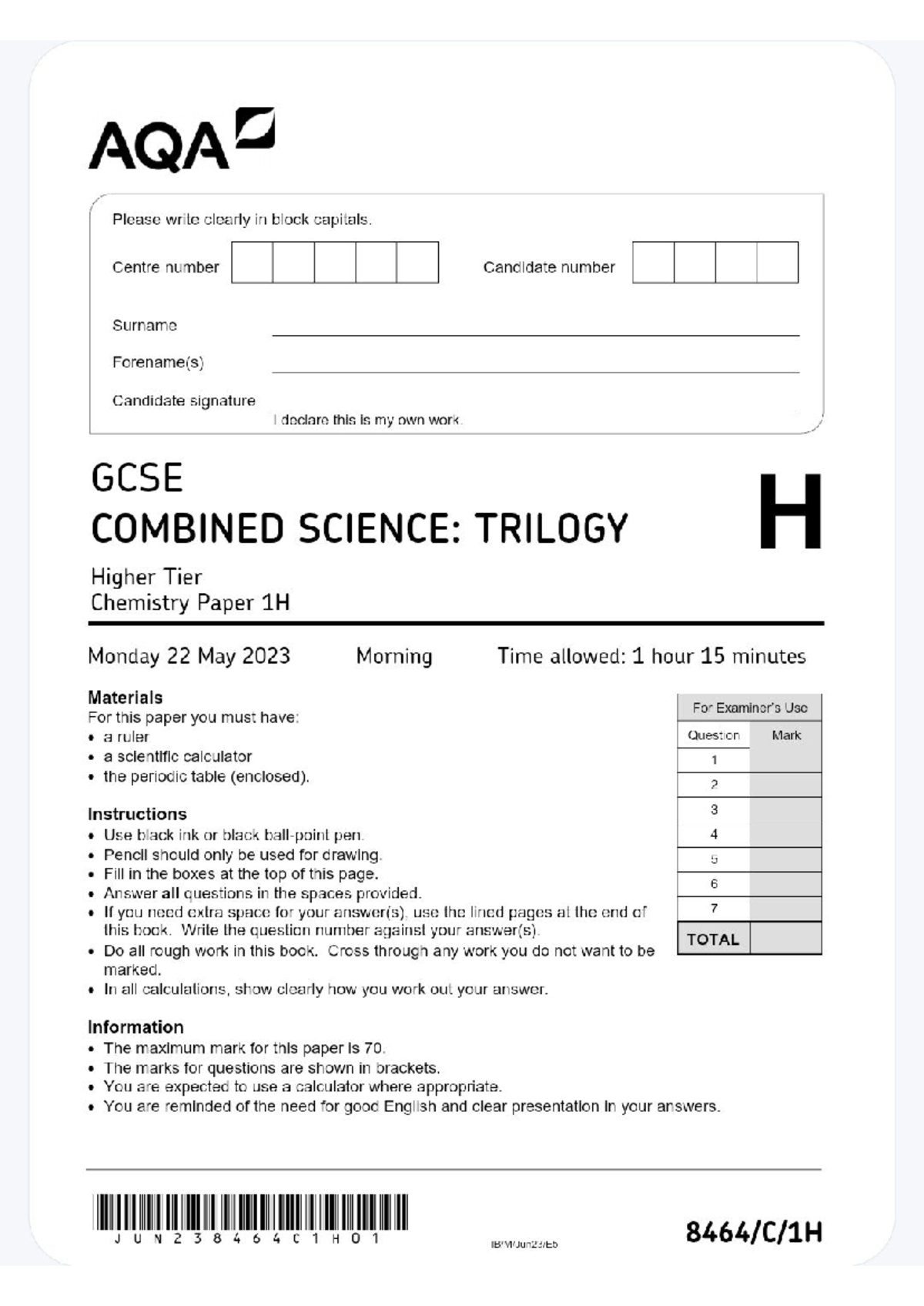 AQA GCSE combined science chemistry - AQA Please write clearly in block ...