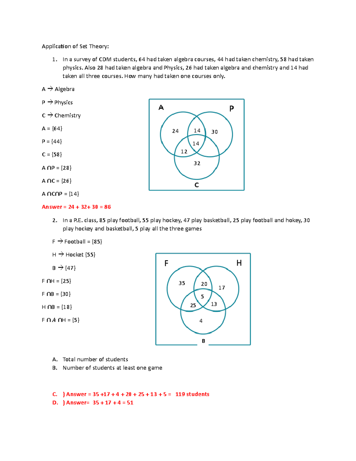 Answer key set theory actvity - Applica琀椀on of Set Theory: In a survey ...