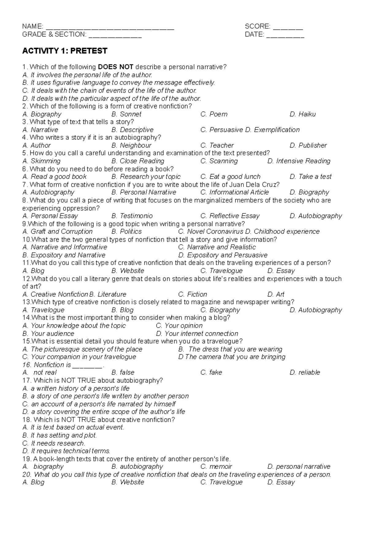 Creative pretest - NAME: __________________________________ SCORE ...