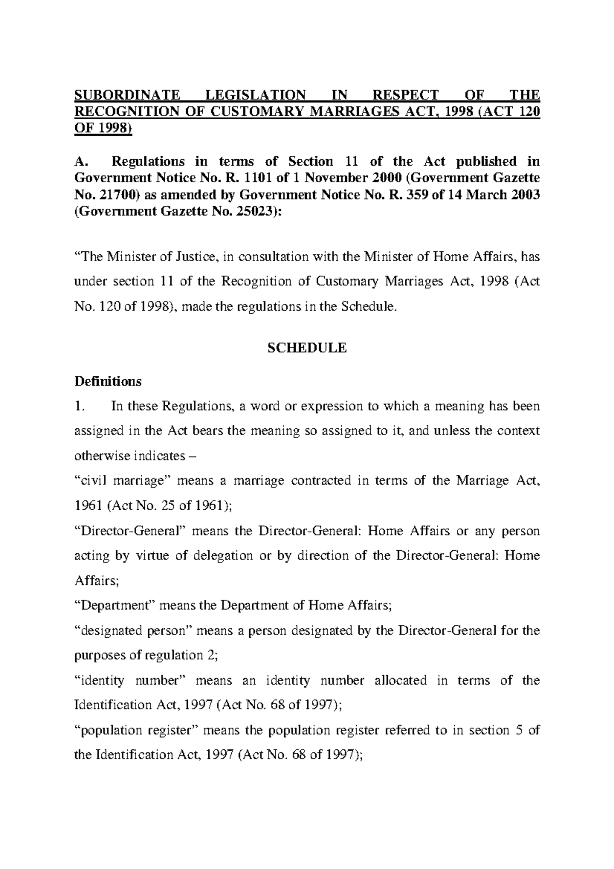 Recognition OF Customary Marriages ACTfin - SUBORDINATE LEGISLATION IN ...