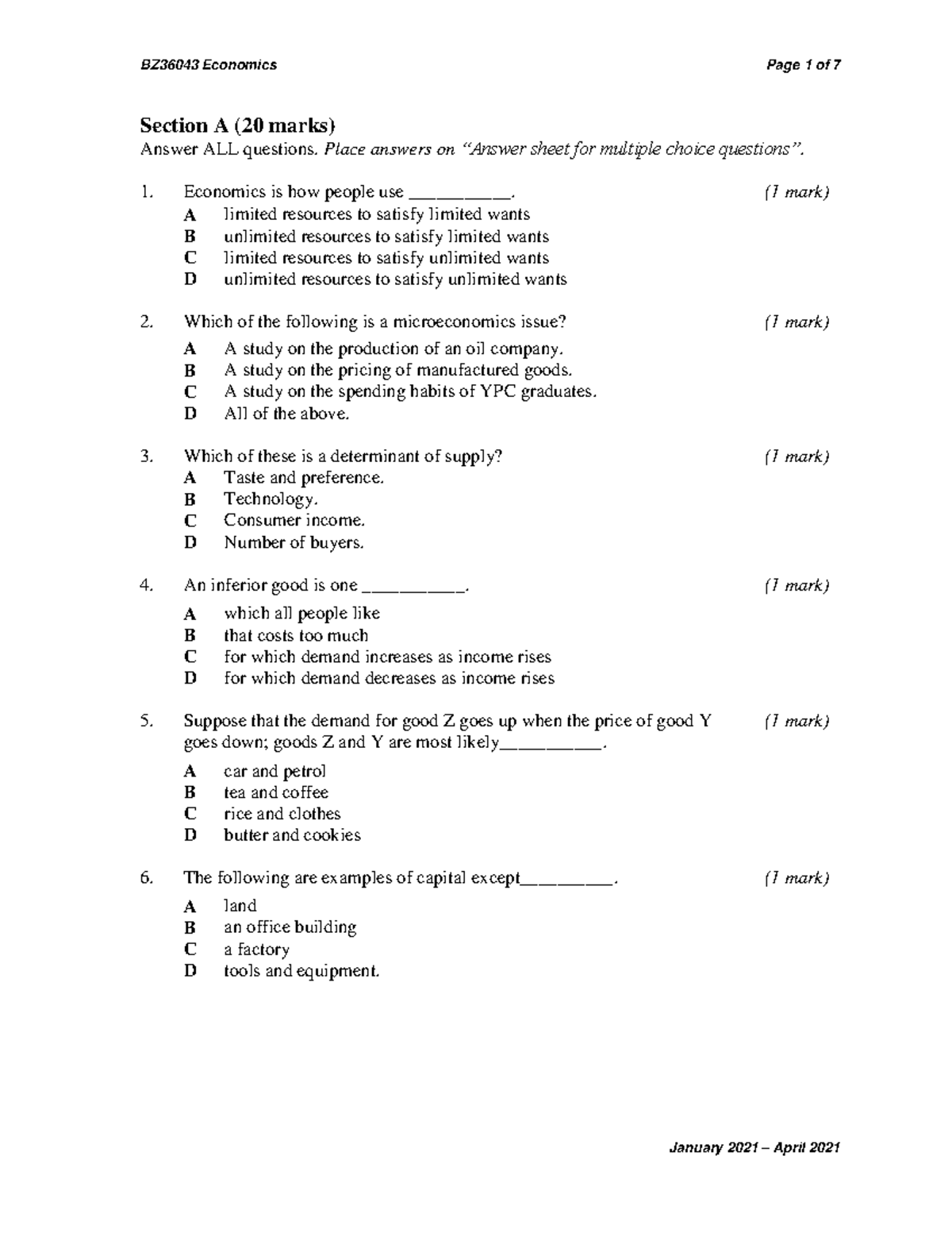 Economics Finals Questions - Section A (20 Marks) Answer ALL Questions ...